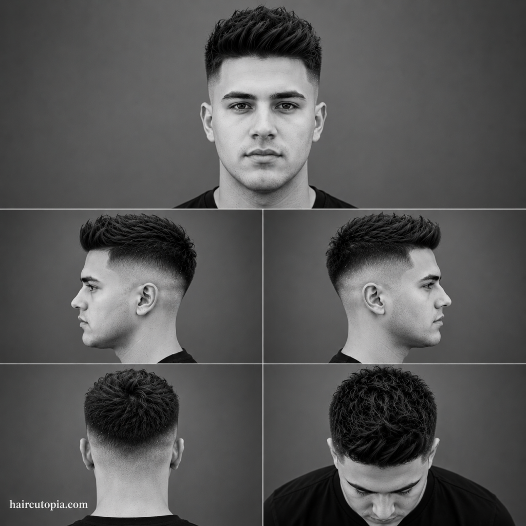Five-panel collage showing a high fade haircut for oval faces from the front, left side, right side, back, and top views in a black-and-white studio portrait.