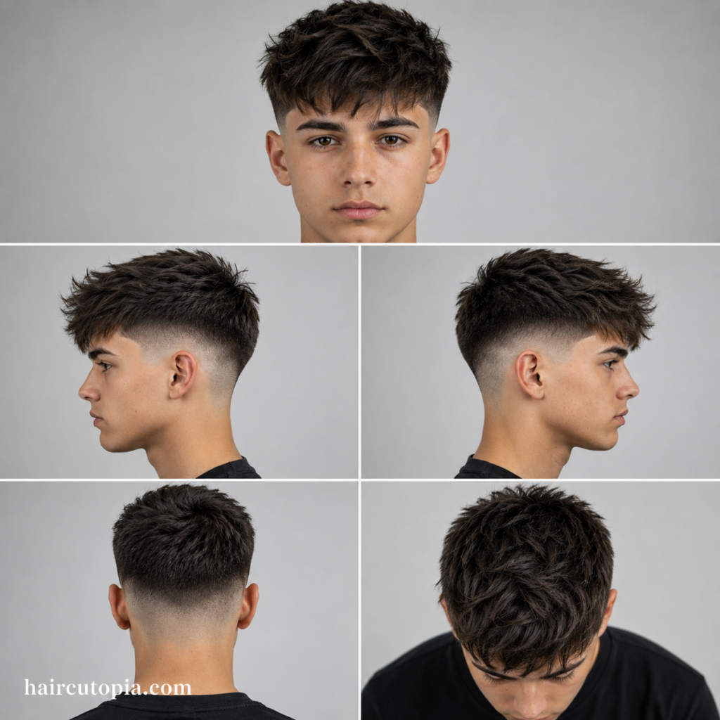 Five-panel collage showing a teen boy's high fade haircut from the front, left side, right side, back, and top views, highlighting fade blending and textured hair on top.