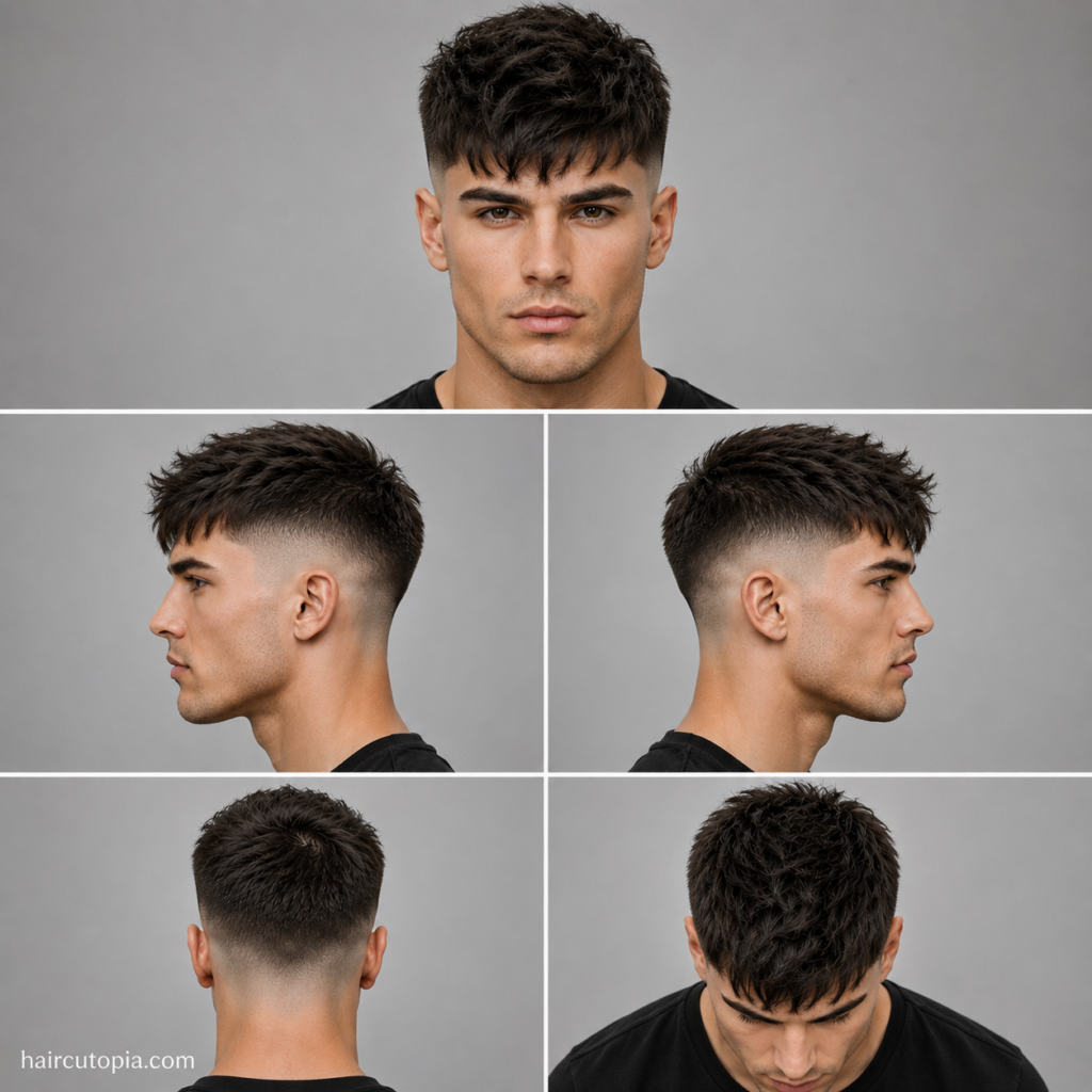 Five-panel collage showing a high fade haircut for heart-shaped faces from the front, left side, right side, back, and top views.