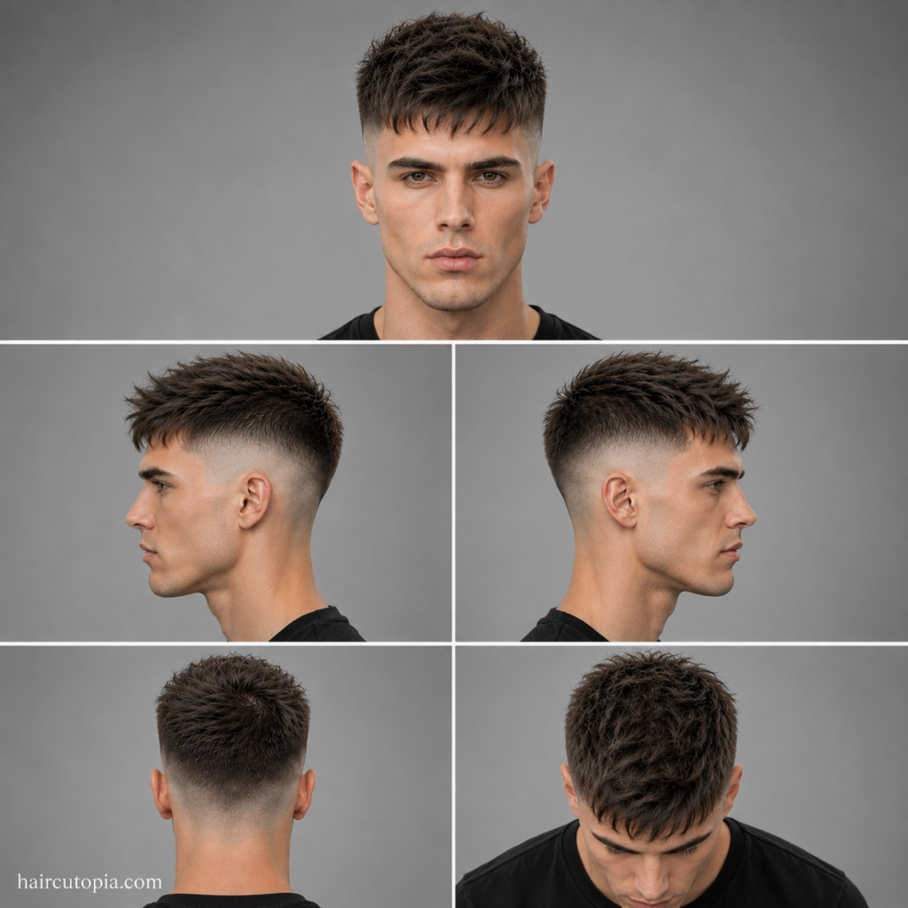 Five-panel collage showing a high fade haircut for long face shapes from the front, left side, right side, back, and top views.