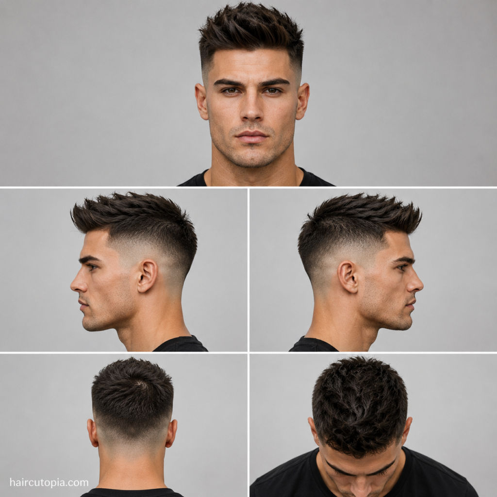 Five-panel collage showing a high fade haircut for square faces from the front, left side, right side, back, and top views.