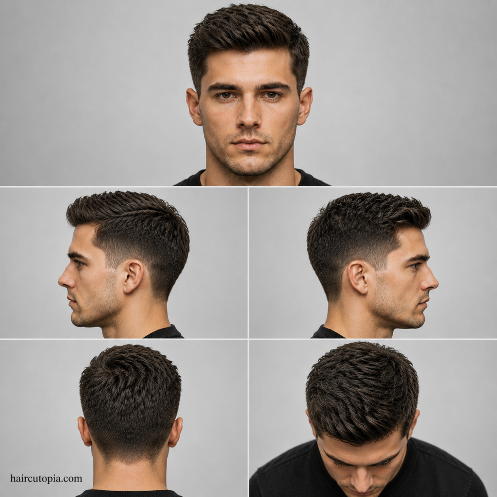 Five-panel Ivy League haircut for coarse hair showing front, side, back, and bird's-eye views
