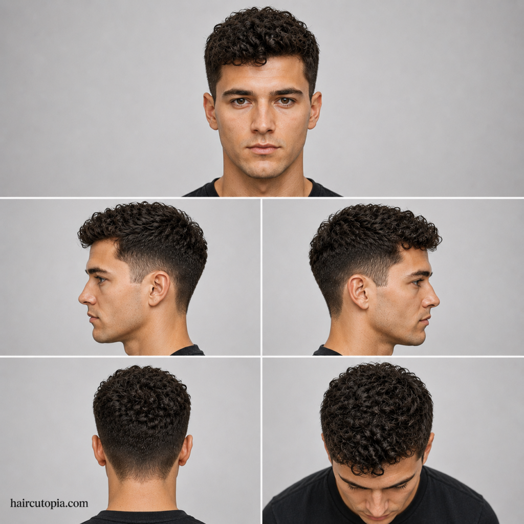 Five-panel Ivy League haircut for curly hair showing front, side, back, and bird's-eye views