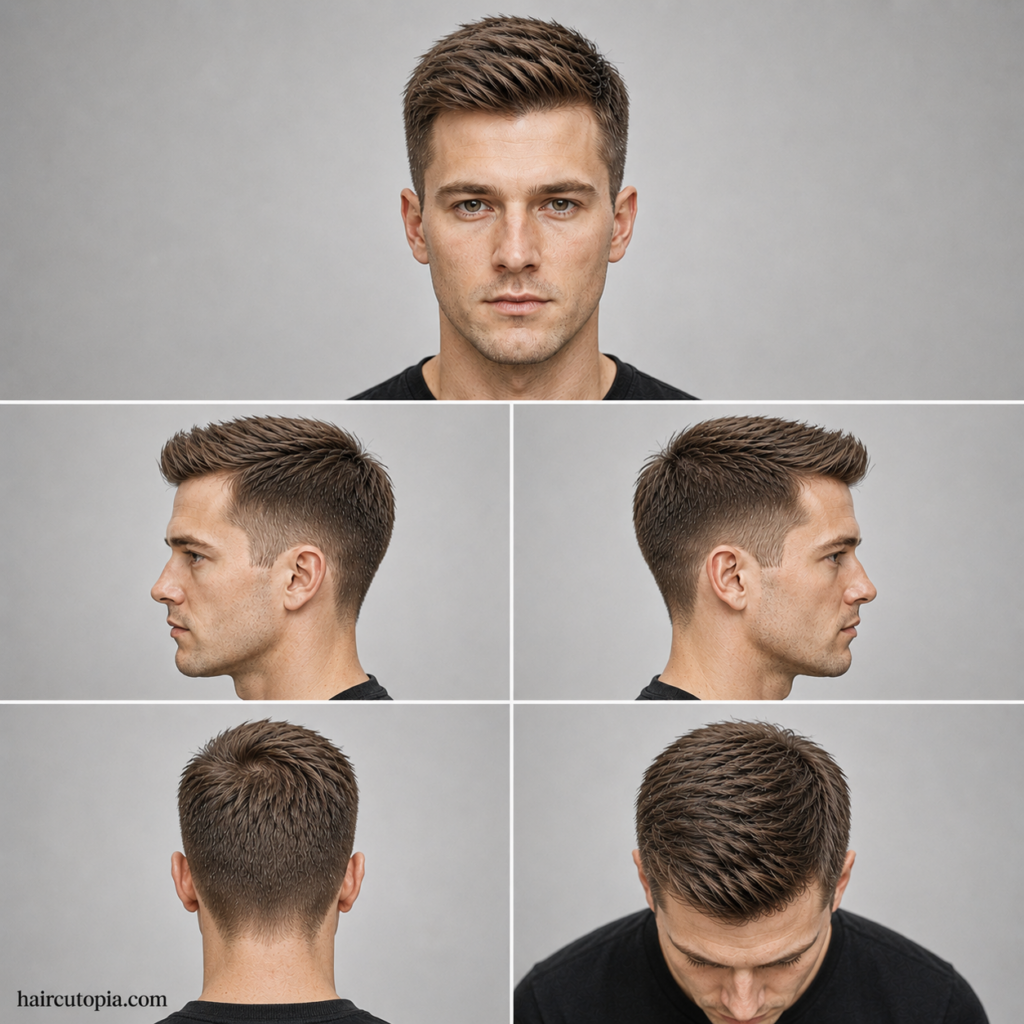 Five-panel Ivy League haircut for fine hair showing front, side, back, and top views