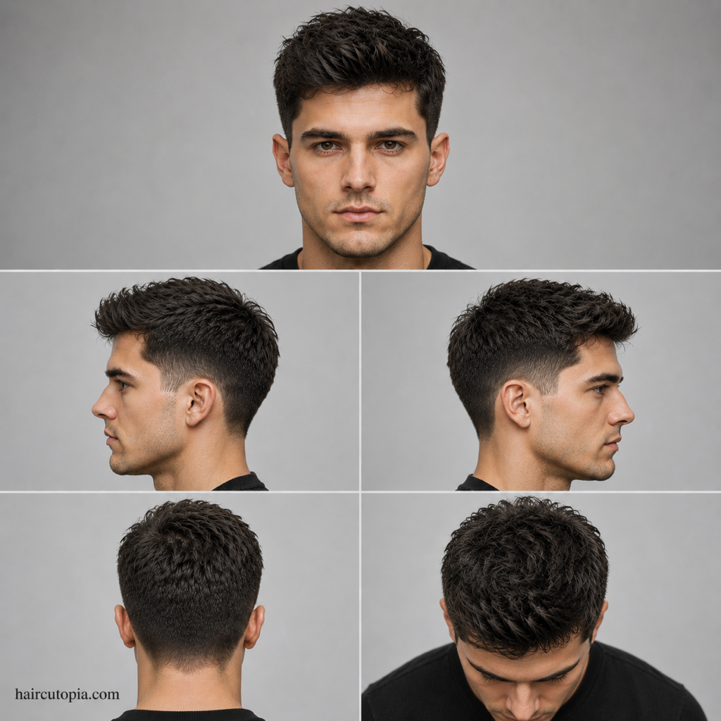 Five-panel Ivy League haircut for frizzy hair showing front, side, back, and bird's-eye views