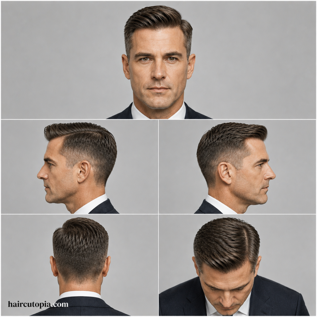 Five-view collage of an Ivy League haircut for business professionals showing front, left side, right side, back, and top views with a clean side part and executive styling.