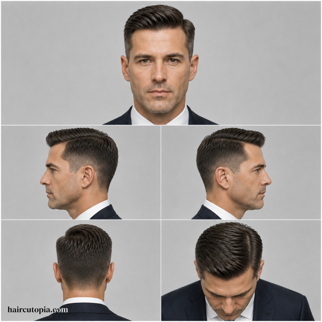 Five-view collage of an Ivy League haircut for business professionals showing front, left side, right side, back, and bird's-eye views with a clean side part and executive styling.