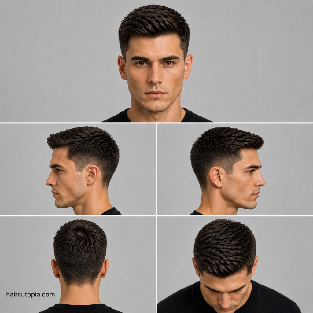 Five-view collage showing an Ivy League haircut for a diamond face shape from the front, left side, right side, back, and top view.