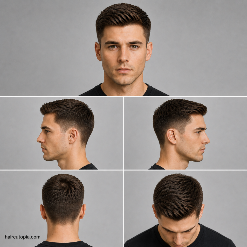 Five-view collage showing an Ivy League haircut for a heart-shaped face from the front, left side, right side, back, and top view.