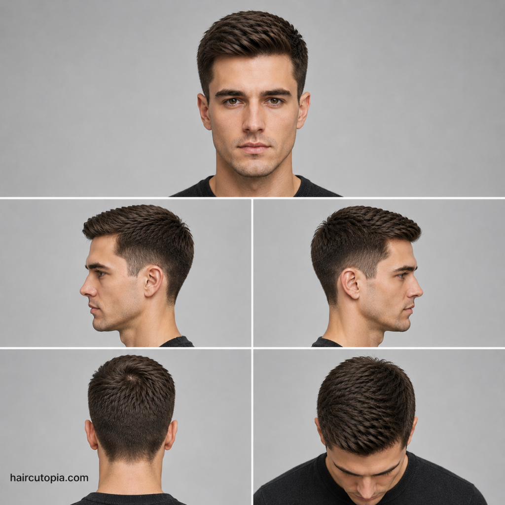 Five-view collage showing an Ivy League haircut for a long face shape from the front, left side, right side, back, and top view.