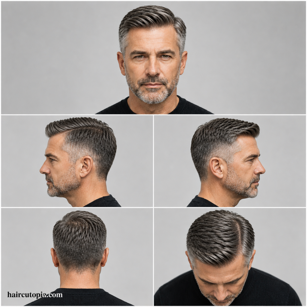 Five-view collage of an Ivy League haircut for men over 40 showing front, left side, right side, back, and top views with a classic side part and tapered sides.
