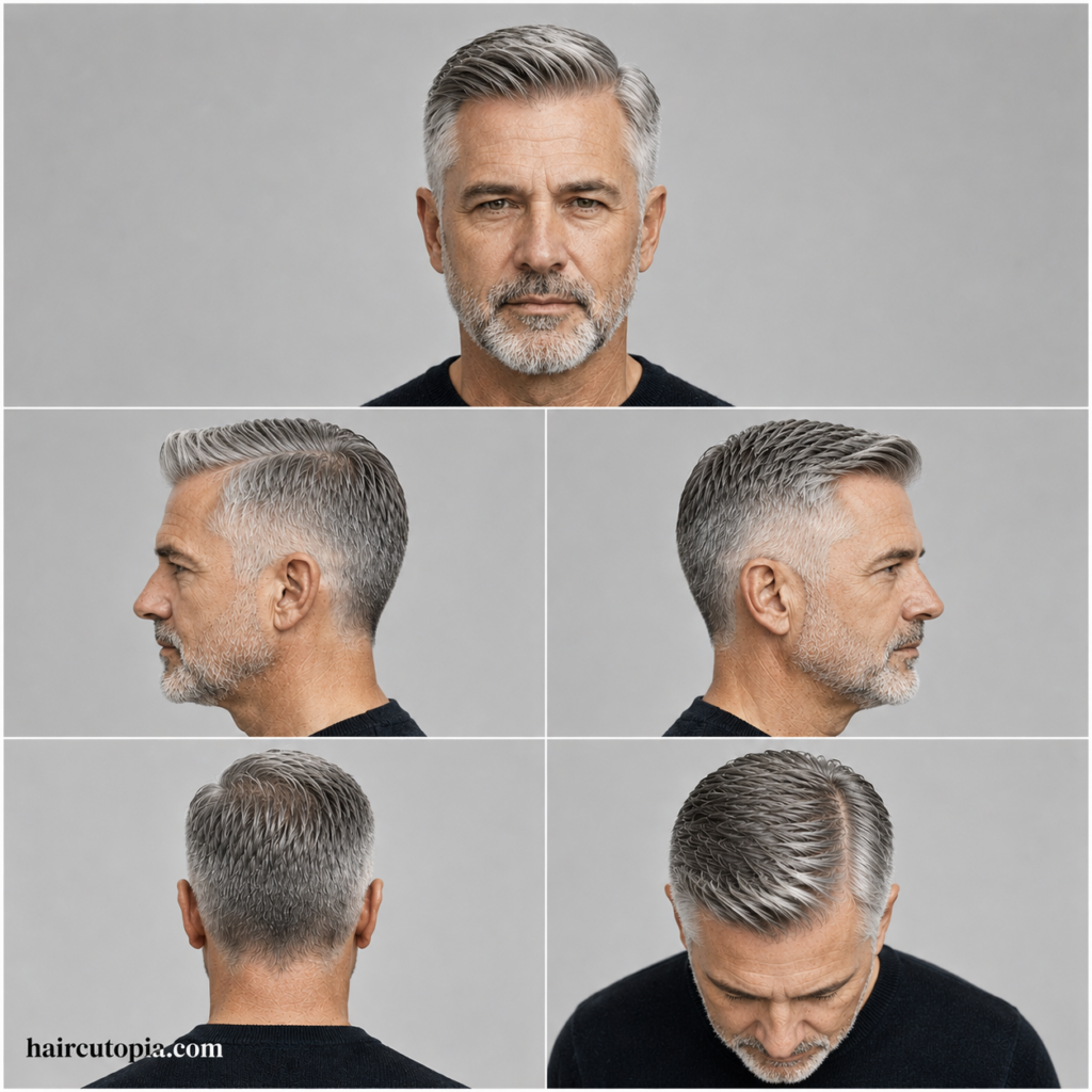Five-view collage of an Ivy League haircut for men over 50 showing front, left side, right side, back, and top views with silver hair, a classic side part, and tapered sides.