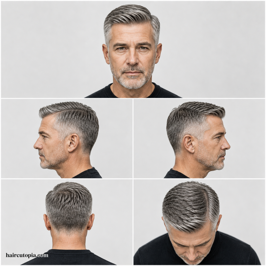 Five-view collage of an Ivy League haircut for older men showing front, left side, right side, back, and top views with silver hair and a classic side part.