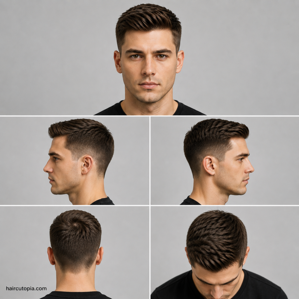 Five-view collage showing an Ivy League haircut for an oval face from the front, left side, right side, back, and top view.