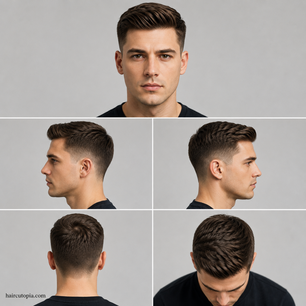 Five-view collage showing an Ivy League haircut for a round face from the front, left side, right side, back, and top view.