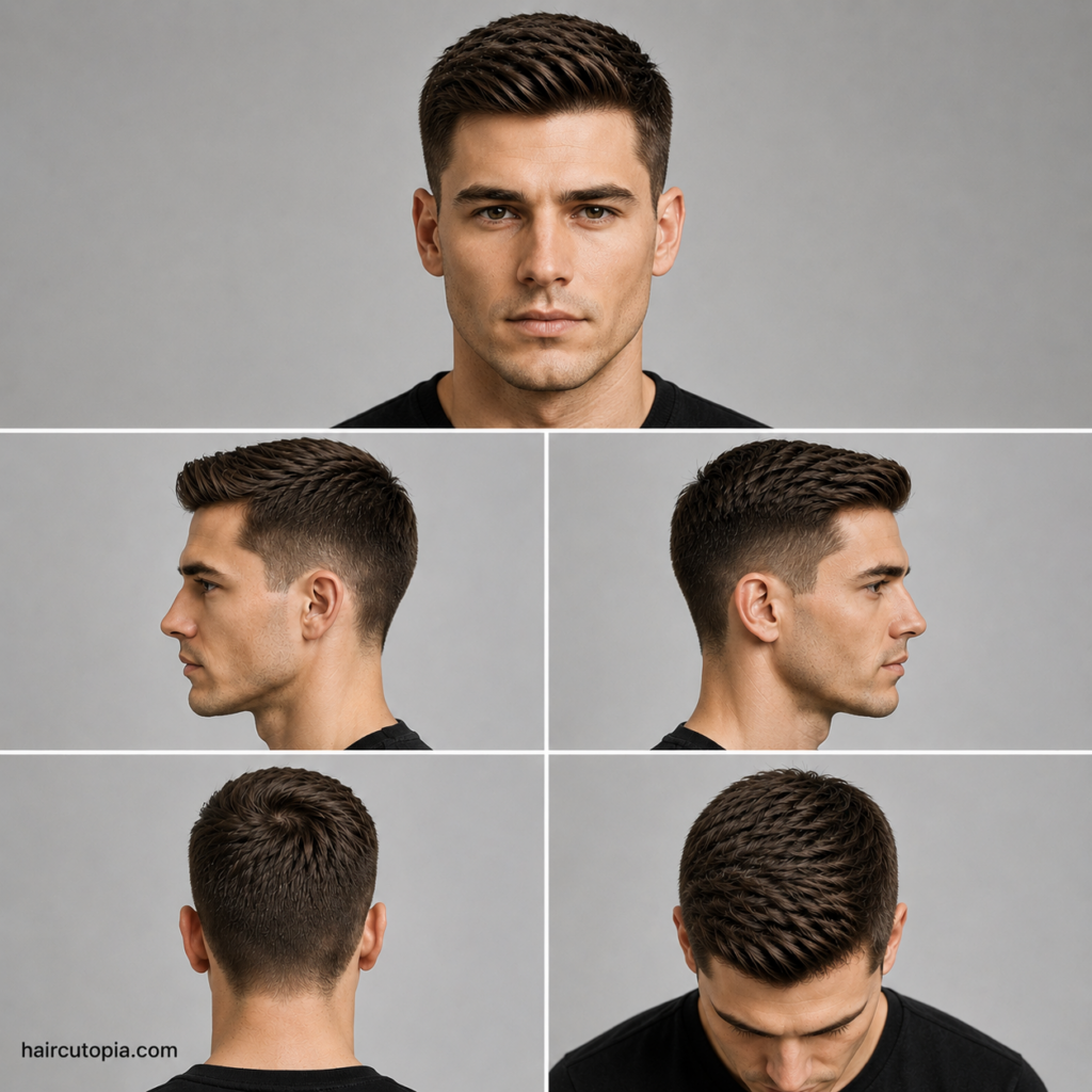 Five-view collage showing an Ivy League haircut for a square face from the front, left side, right side, back, and top view.
