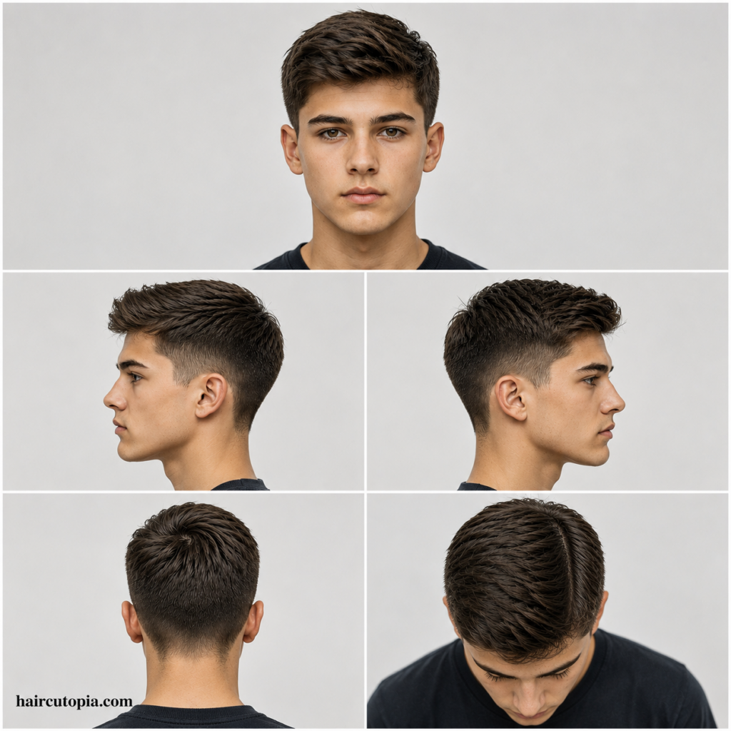 Five-view collage of an Ivy League haircut for teen boys showing front, left side, right side, back, and top views with a textured top and tapered sides.
