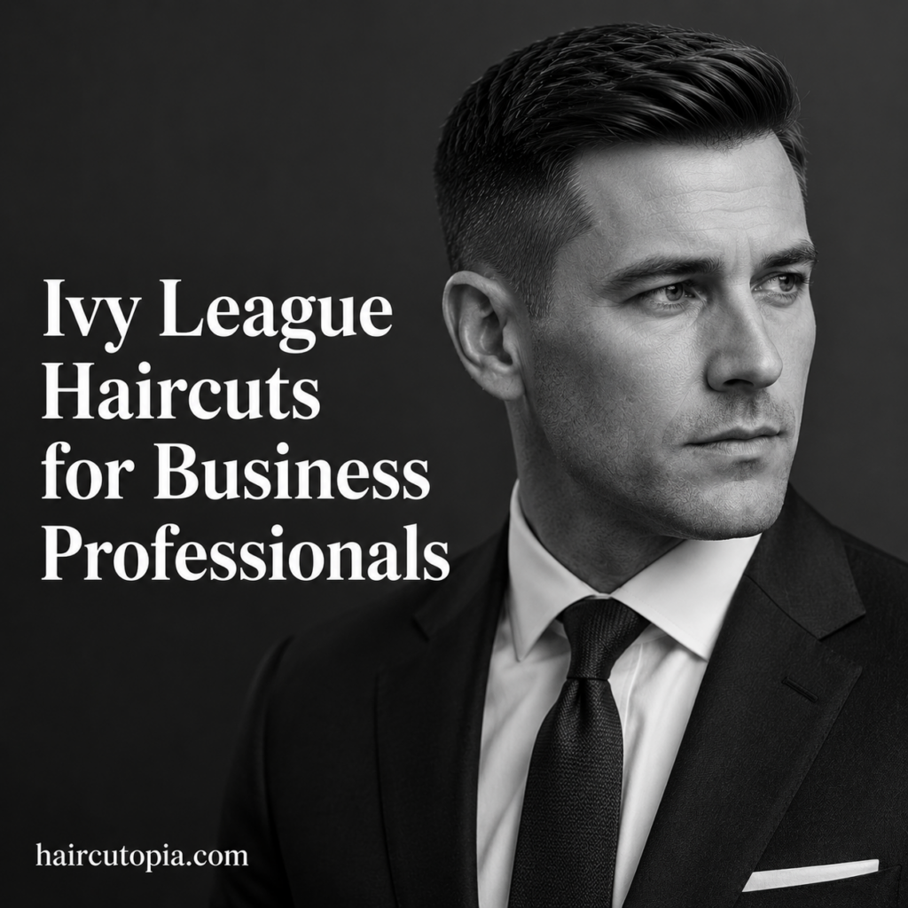 Business professional with a classic Ivy League haircut featuring a clean side part, tapered sides, and executive styling in a black and white editorial portrait.