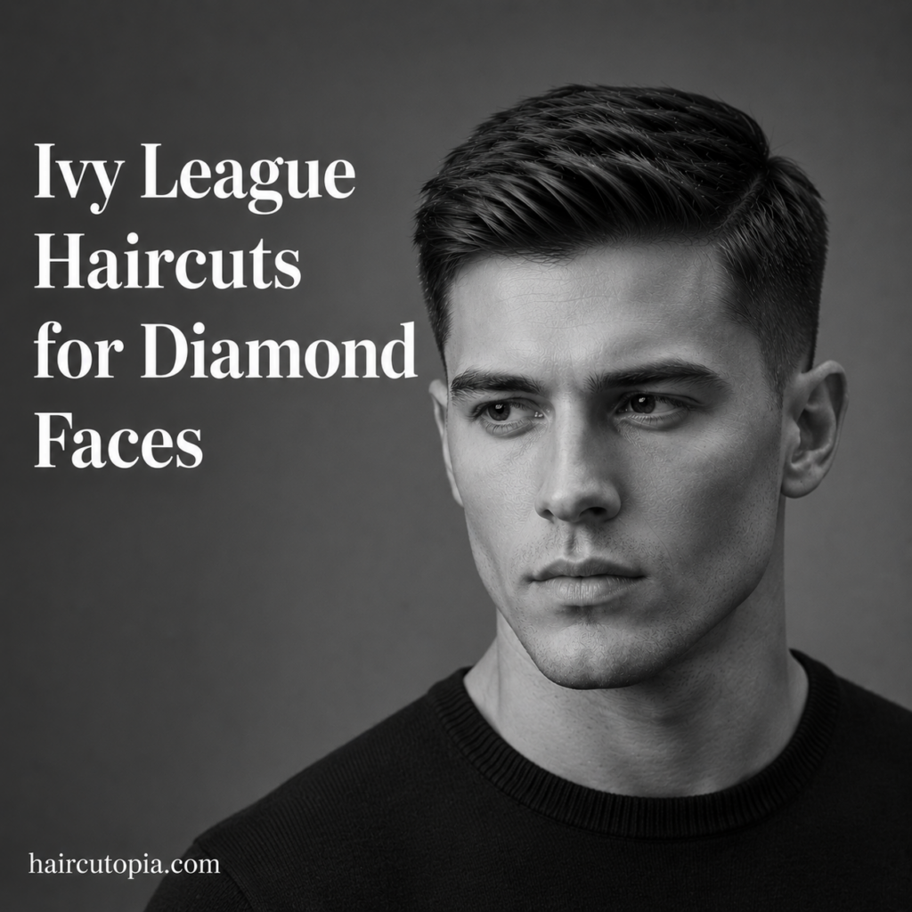 Man with a modern Ivy League haircut styled for a diamond face shape in a black and white editorial portrait.