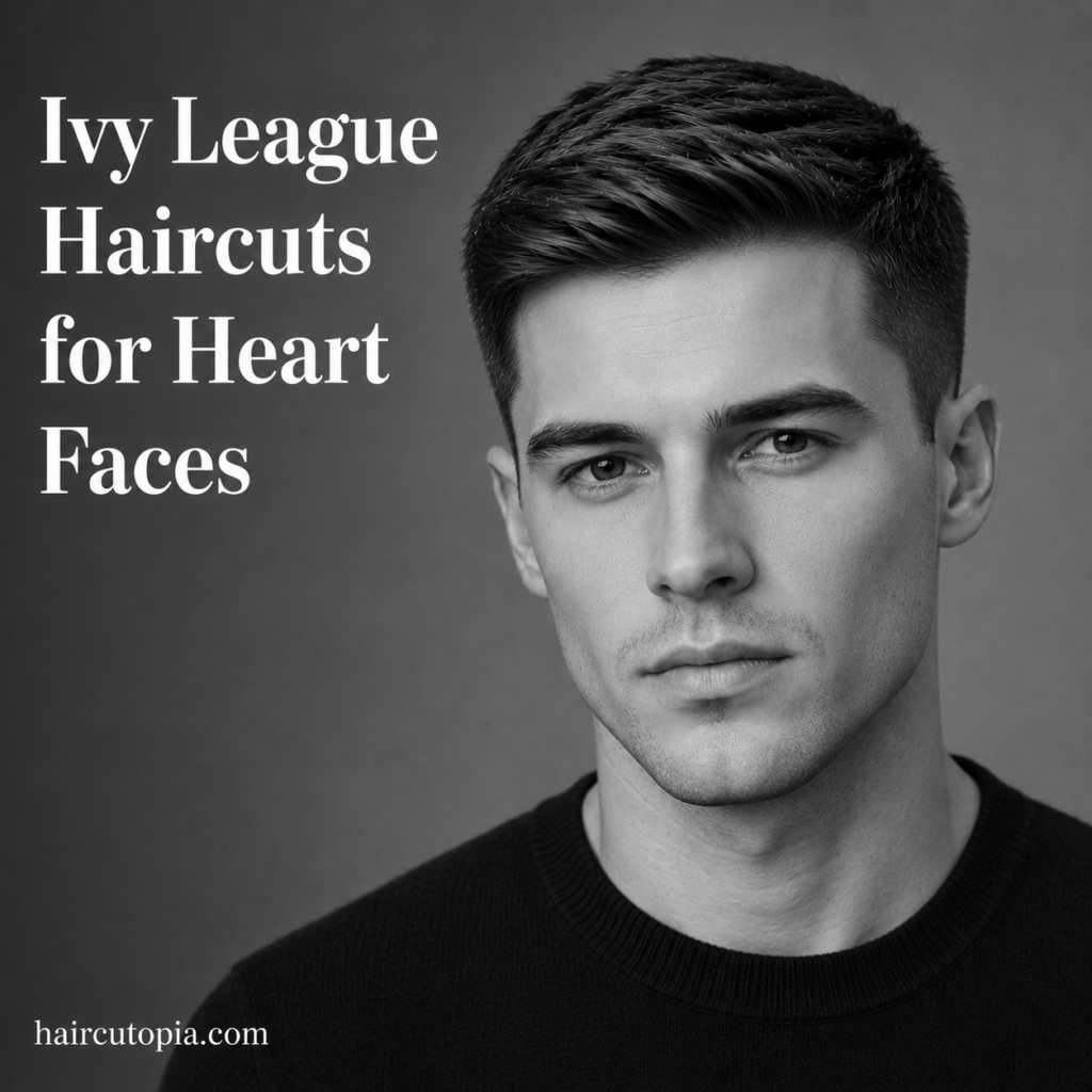 Man with a modern Ivy League haircut styled for a heart-shaped face in a black and white editorial portrait.
