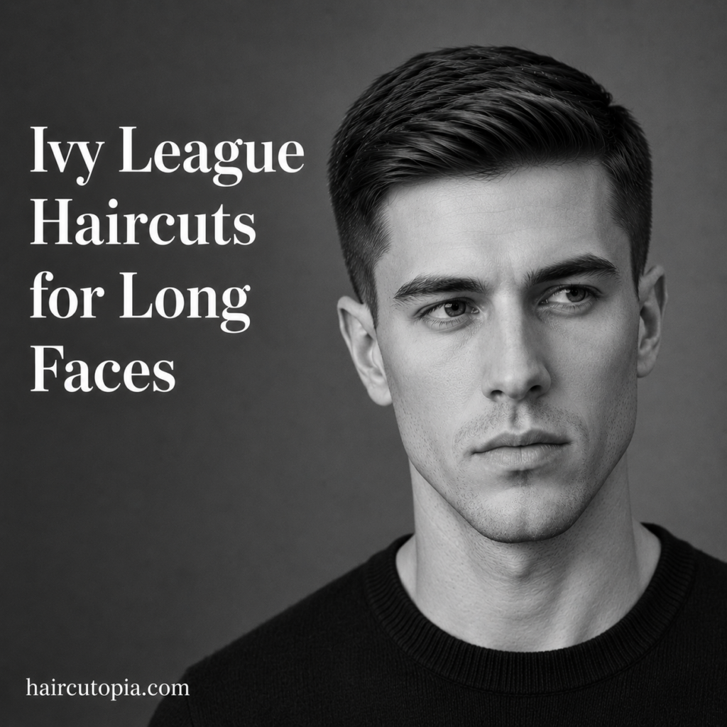 Man with a modern Ivy League haircut styled for a long face shape in a black and white editorial portrait.