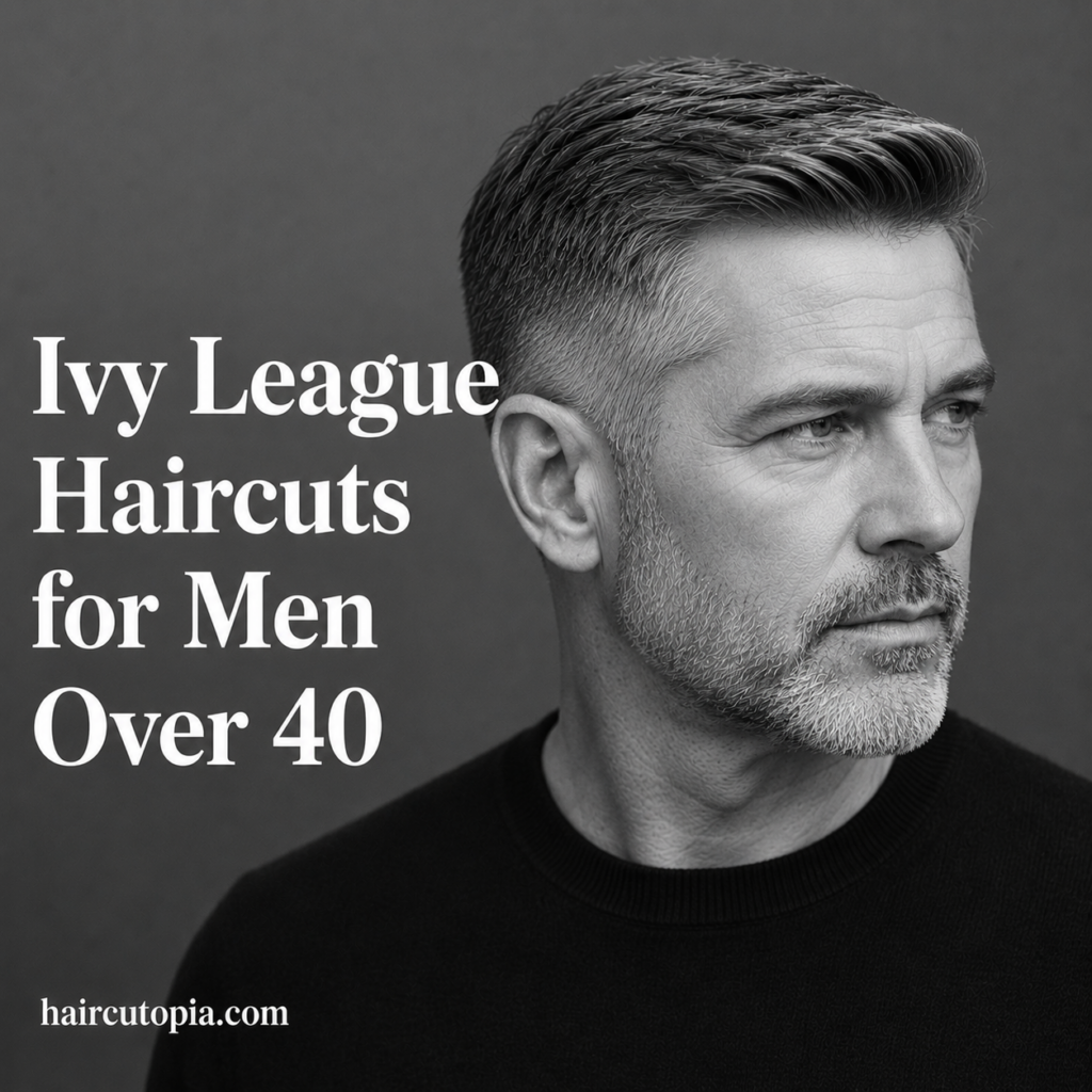 Man over 40 with a sophisticated Ivy League haircut featuring salt-and-pepper hair, a clean side part, and tapered sides in a black and white editorial portrait.