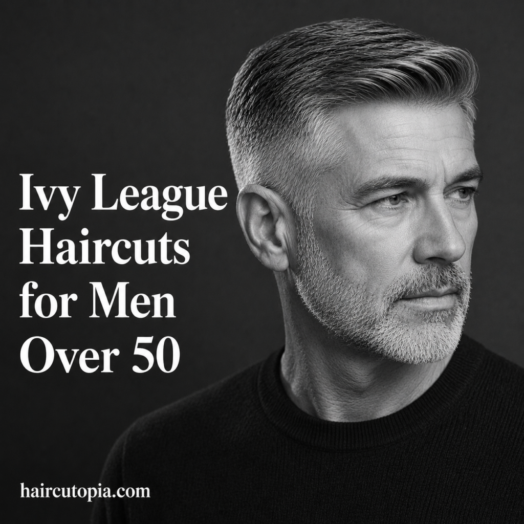 Man over 50 with a classic Ivy League haircut featuring silver hair, a clean side part, and tapered sides in a black and white editorial portrait.