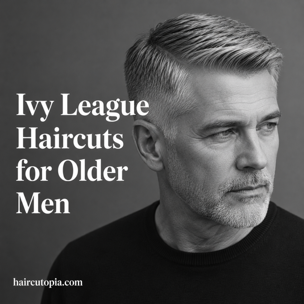 Older man with a classic Ivy League haircut featuring silver hair, a clean side part, and refined styling in a black and white editorial portrait.
