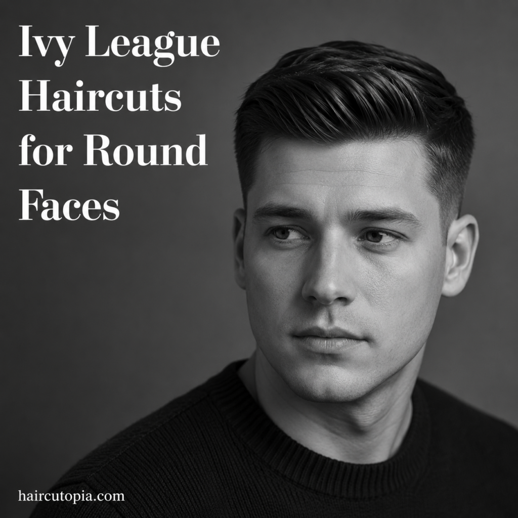 Man with a modern Ivy League haircut styled for a round face shape in a black and white editorial portrait.