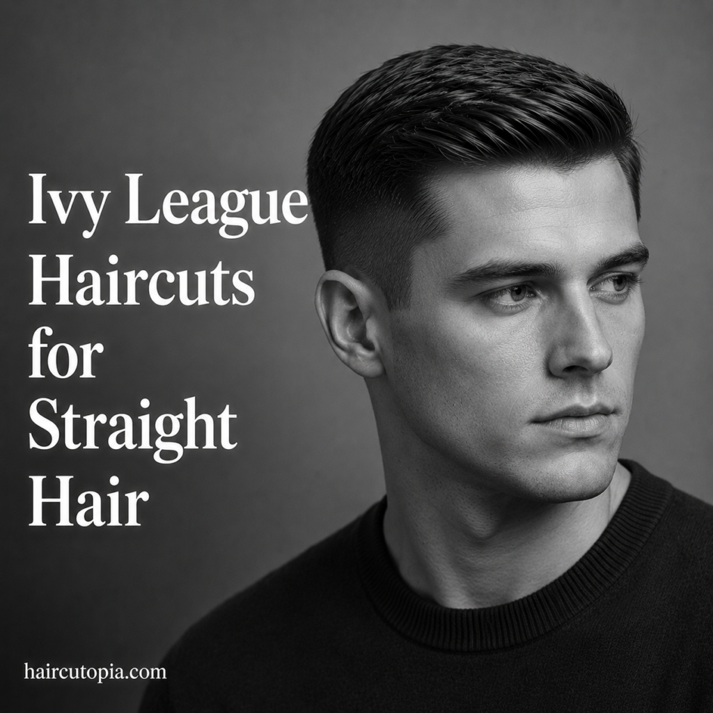 Man with an Ivy League haircut for straight hair featuring a clean side part and tapered sides