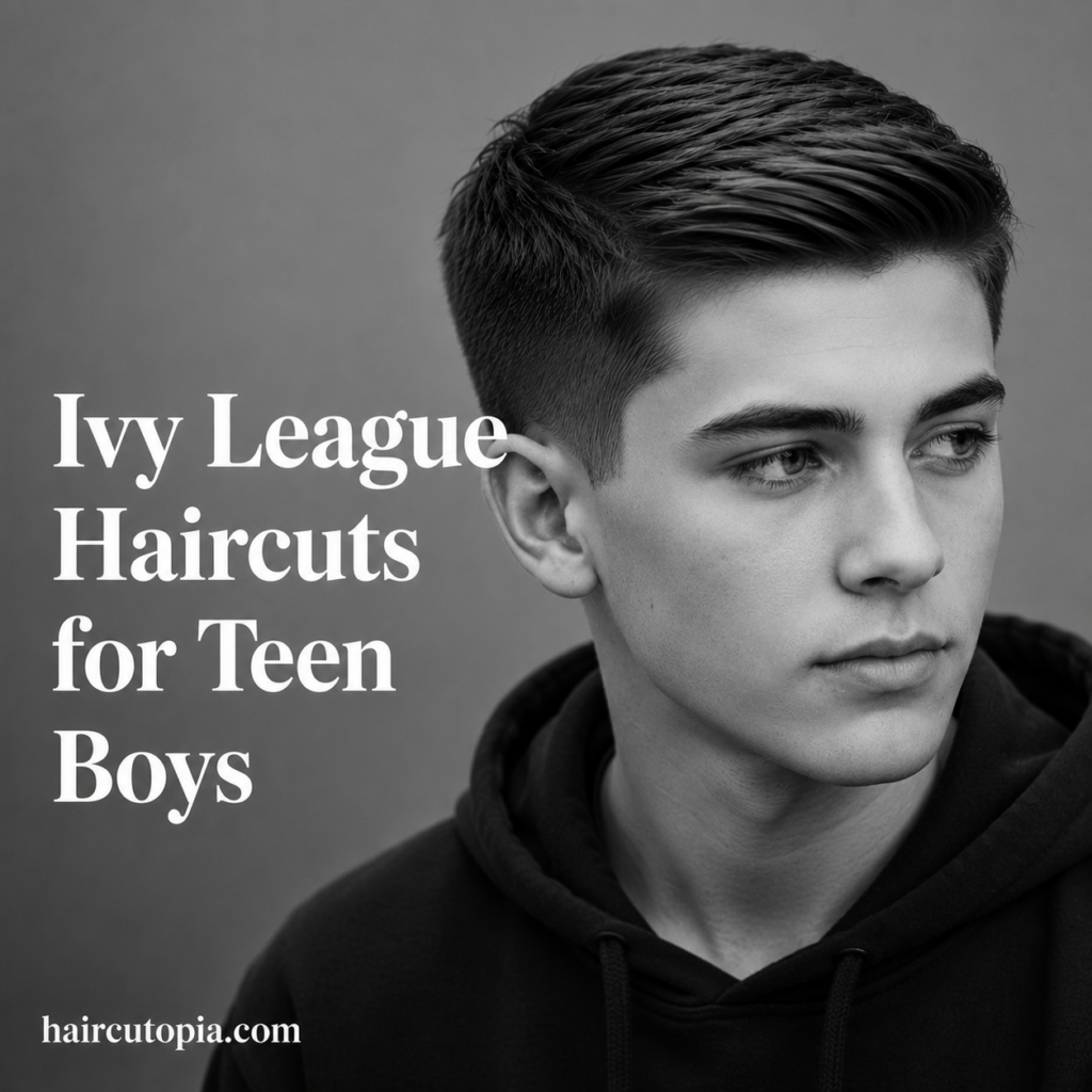 Teen boy with a modern Ivy League haircut featuring a clean taper, natural texture, and polished styling in a black and white editorial portrait.