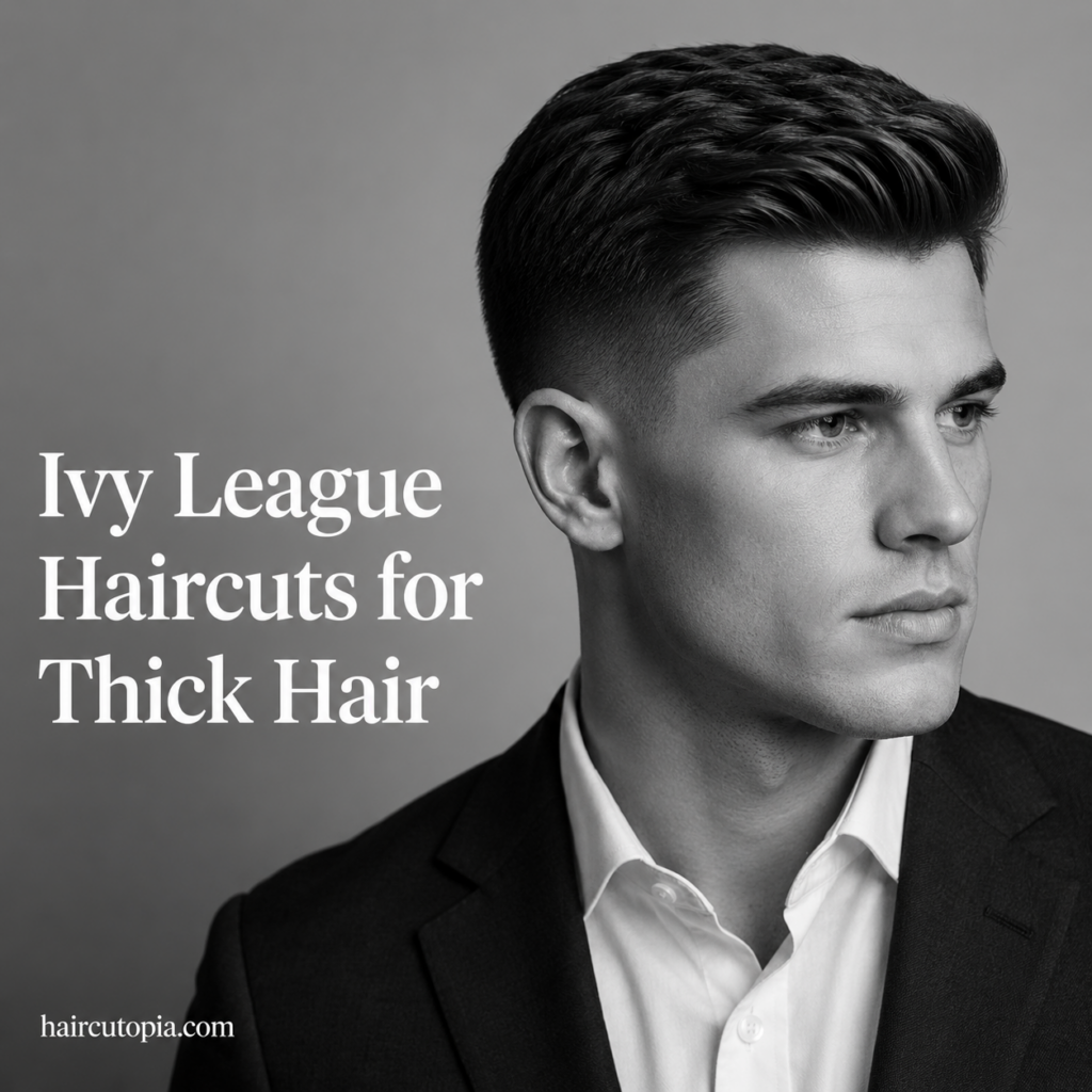 Man with an Ivy League haircut for thick hair featuring a clean taper and textured top
