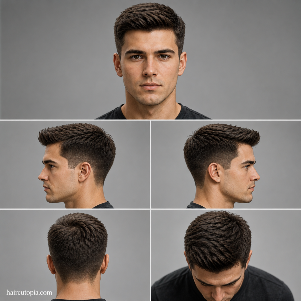 Front, side, back, and top views of an Ivy League haircut for thick hair showing texture, tapering, and overall shape