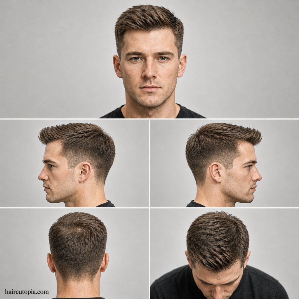 Multi-angle view of an Ivy League haircut for thin hair showing front, side, back, and top perspectives