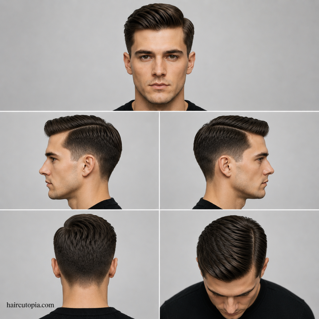 Five-panel Ivy League haircut for straight hair showing front, side, back, and top views