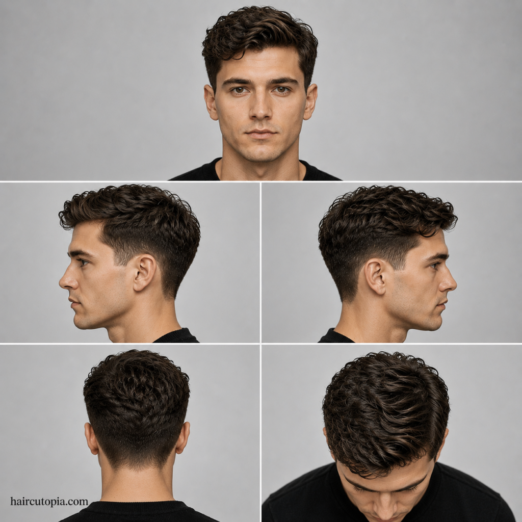 Five-panel Ivy League haircut for wavy hair showing front, side, back, and top views