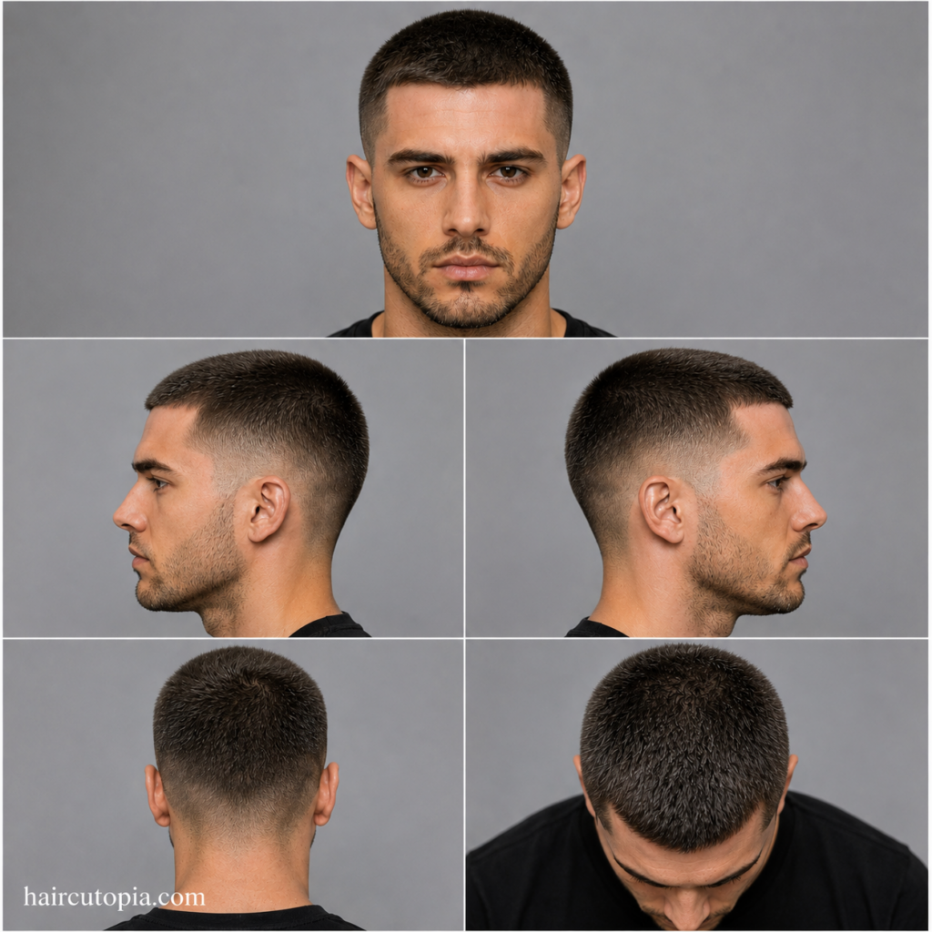 Five-panel collage showing a long buzz cut haircut from the front, left side, right side, back, and top views.