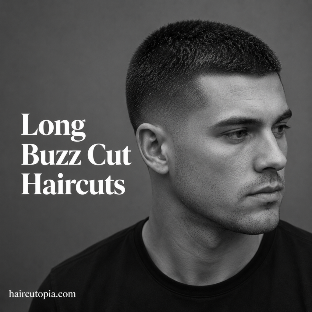 Man with a long buzz cut haircut featuring textured length on top and clean faded sides.