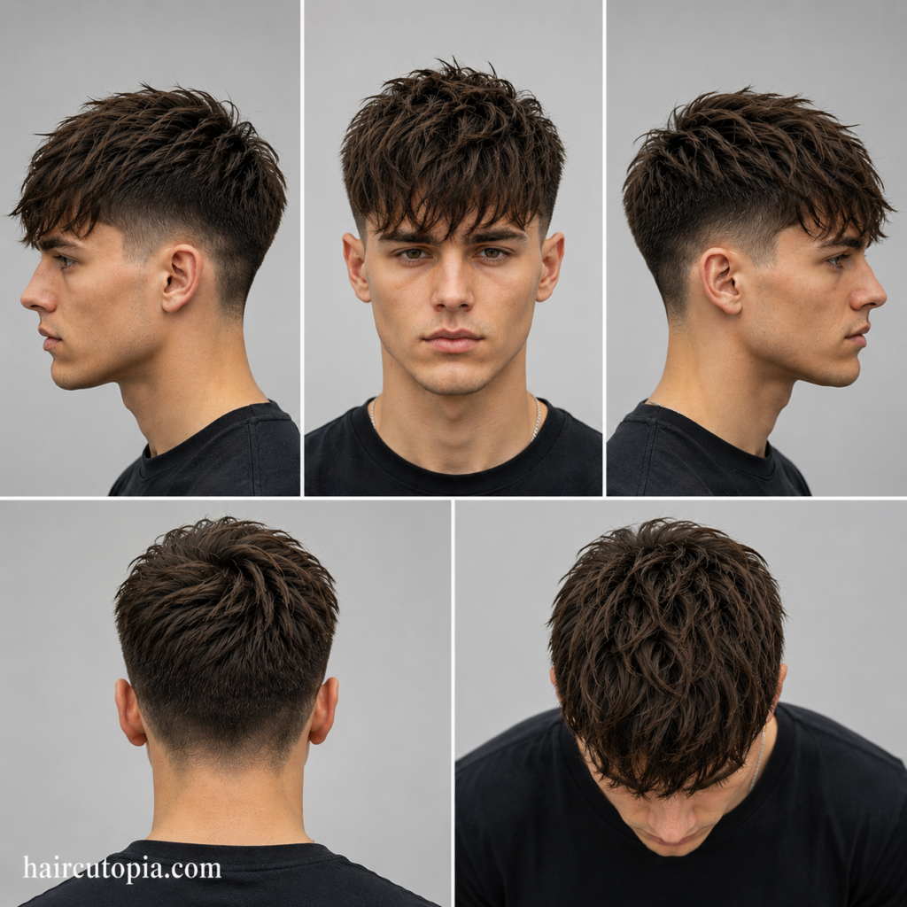 Five-panel collage showing a long Caesar cut haircut from front, left side, right side, back, and top views