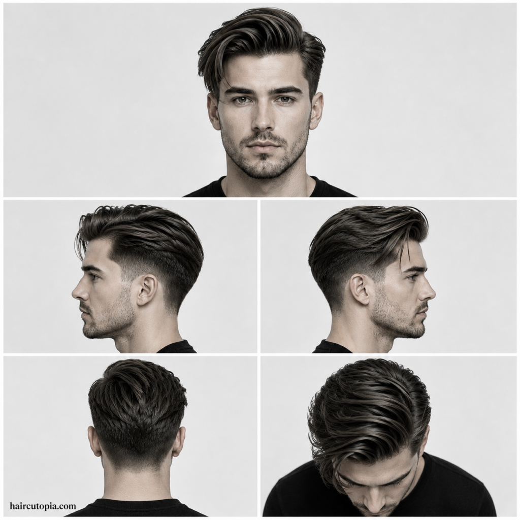 Five-view collage showing a men’s long comb over haircut from the front, left side, right side, back, and top