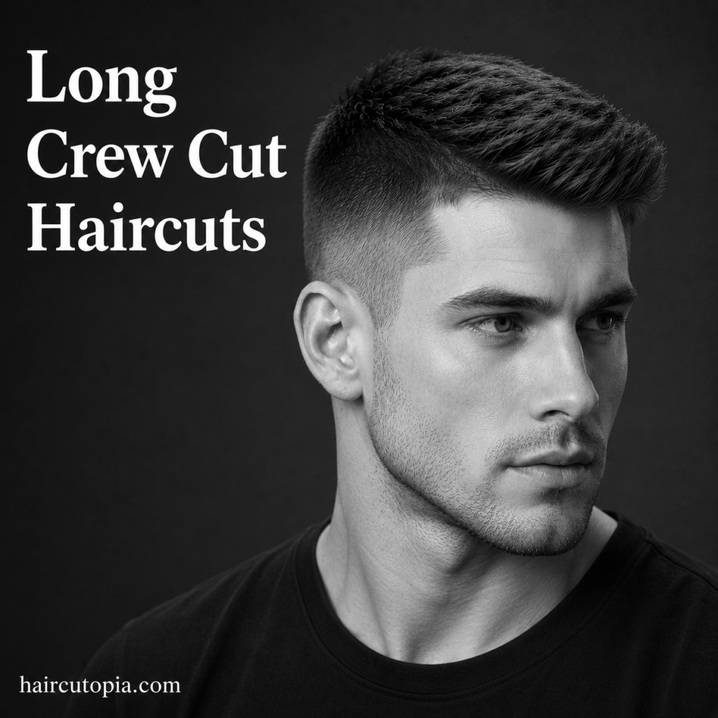 Man with a modern long crew cut hairstyle featuring textured length on top in a black and white editorial portrait