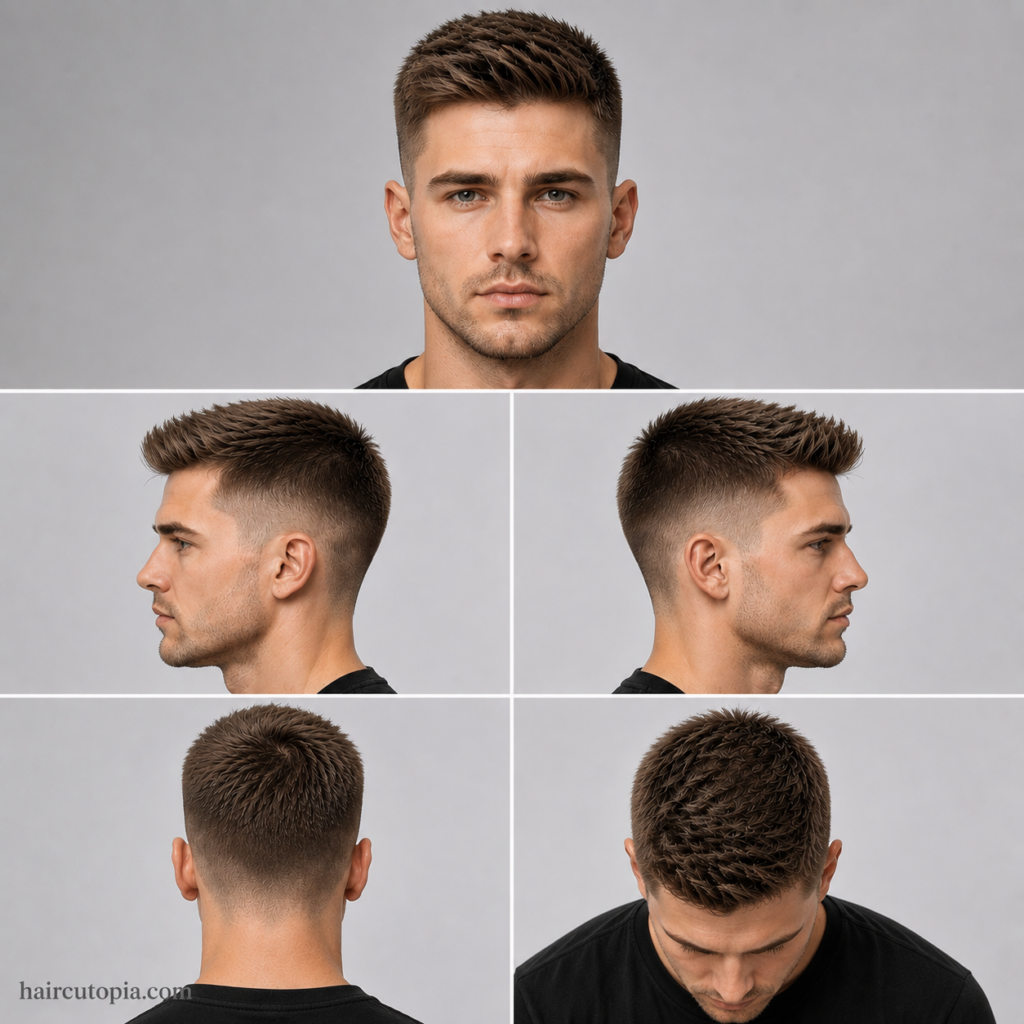 Five-panel collage showing a long crew cut haircut from front, left side, right side, back, and top views