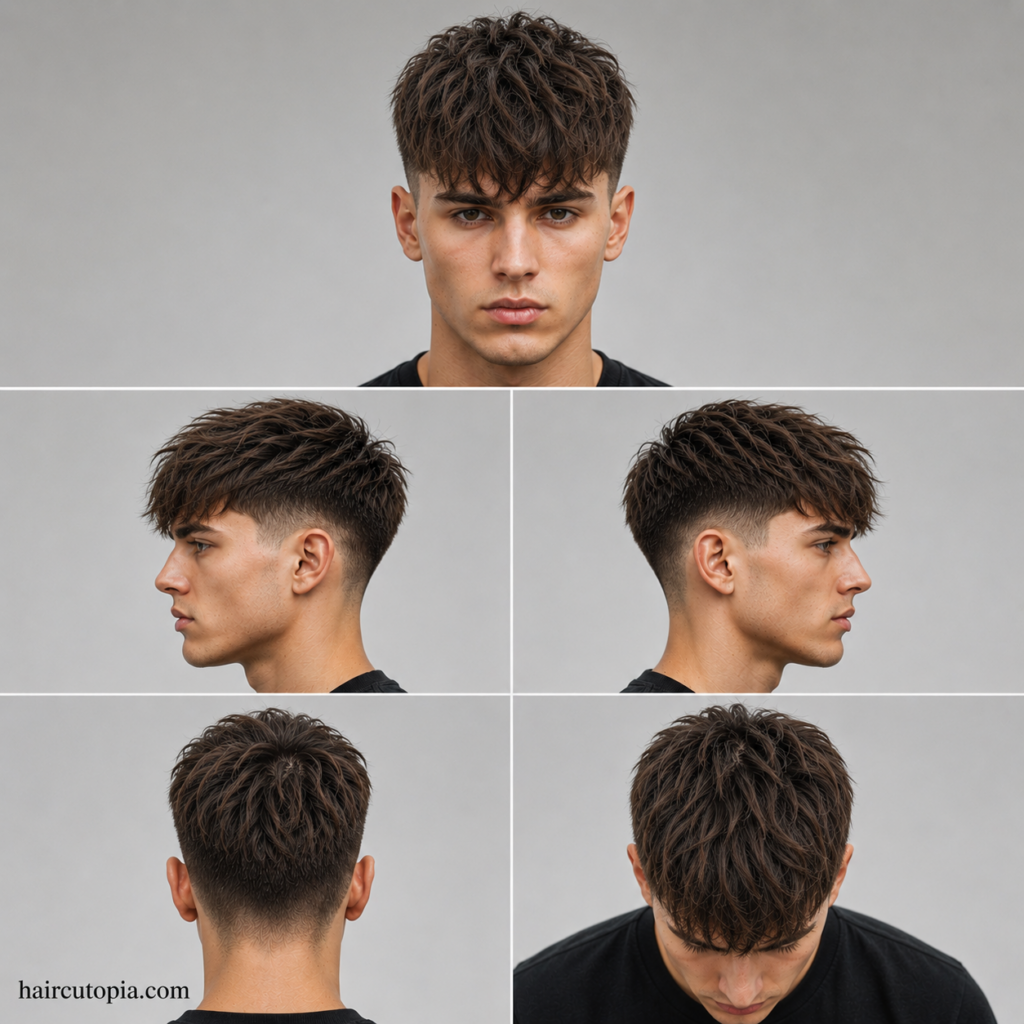 Five-view collage of a long French crop haircut showing front, side, back, and top views