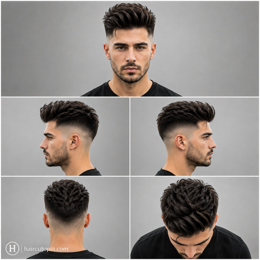 Five-panel collage showing a long high fade haircut from the front, left side, right side, back, and top views.