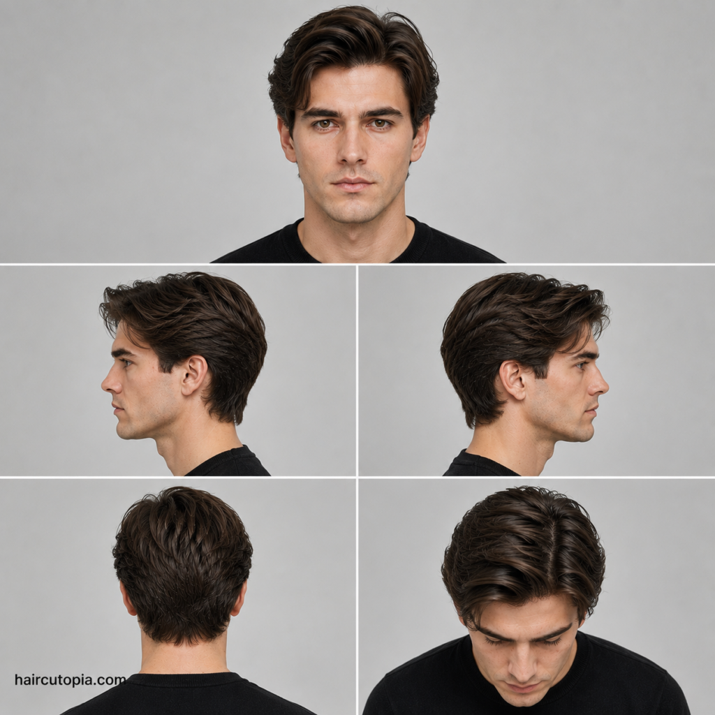 Five-view collage showing a long Ivy League haircut from the front, left side, right side, back, and top view.
