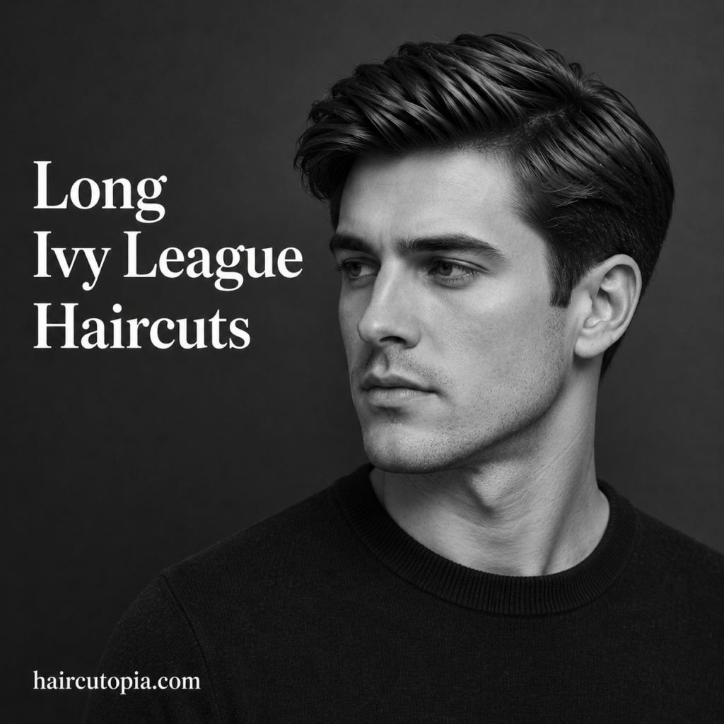 Man with a long Ivy League haircut in a black and white editorial portrait featuring textured styling and tapered sides.