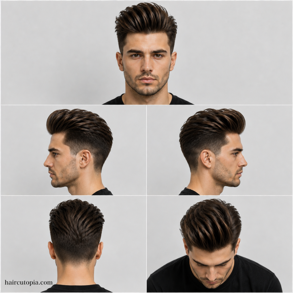 Five-view collage of a long pompadour haircut showing the front, left side, right side, back, and top views.