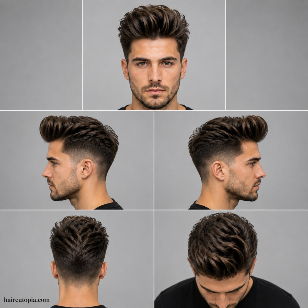 Five-panel collage showing a modern long quiff haircut from the front, left side, right side, back, and bird's-eye views with voluminous textured hair and clean faded sides.