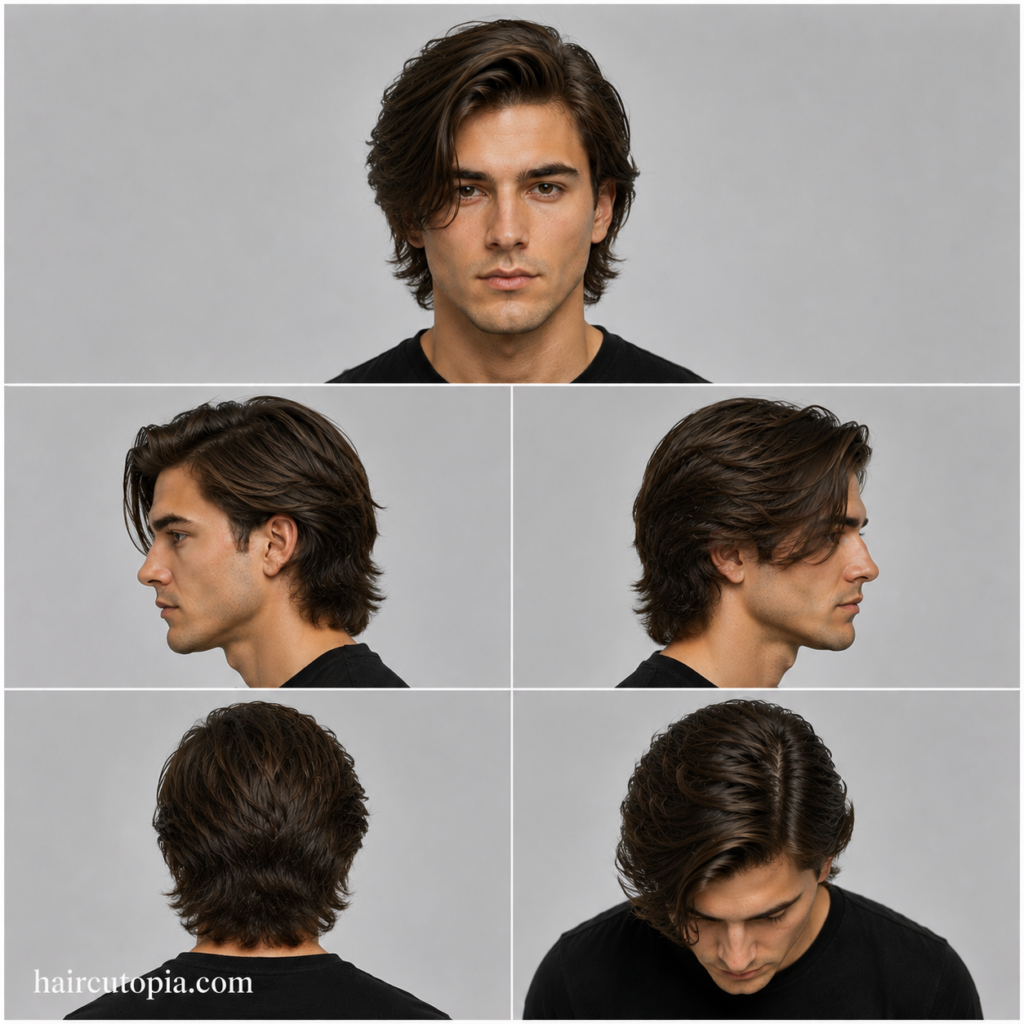 Five-angle collage of a men’s long side part haircut, showing front, left side, right side, back, and top views