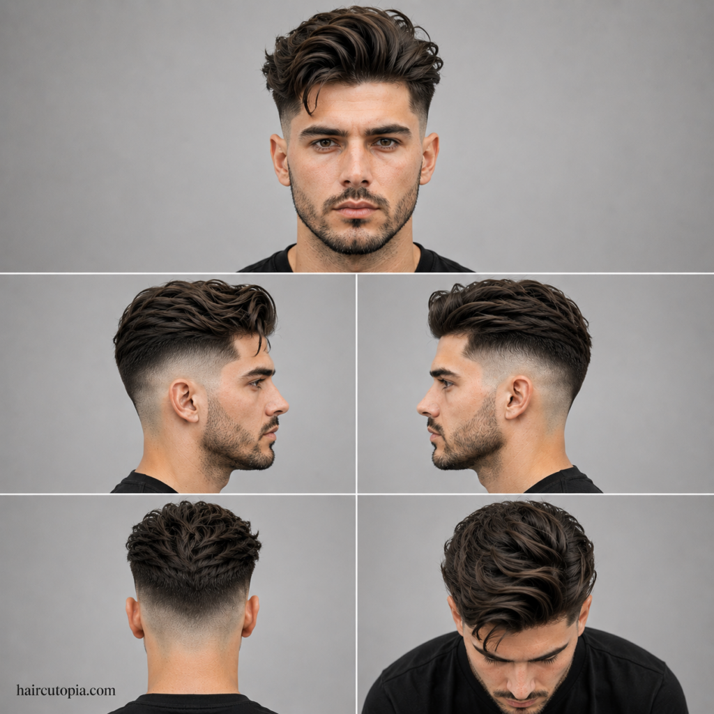 Five-panel collage showing a long skin fade haircut from the front, left side, right side, back, and top views.